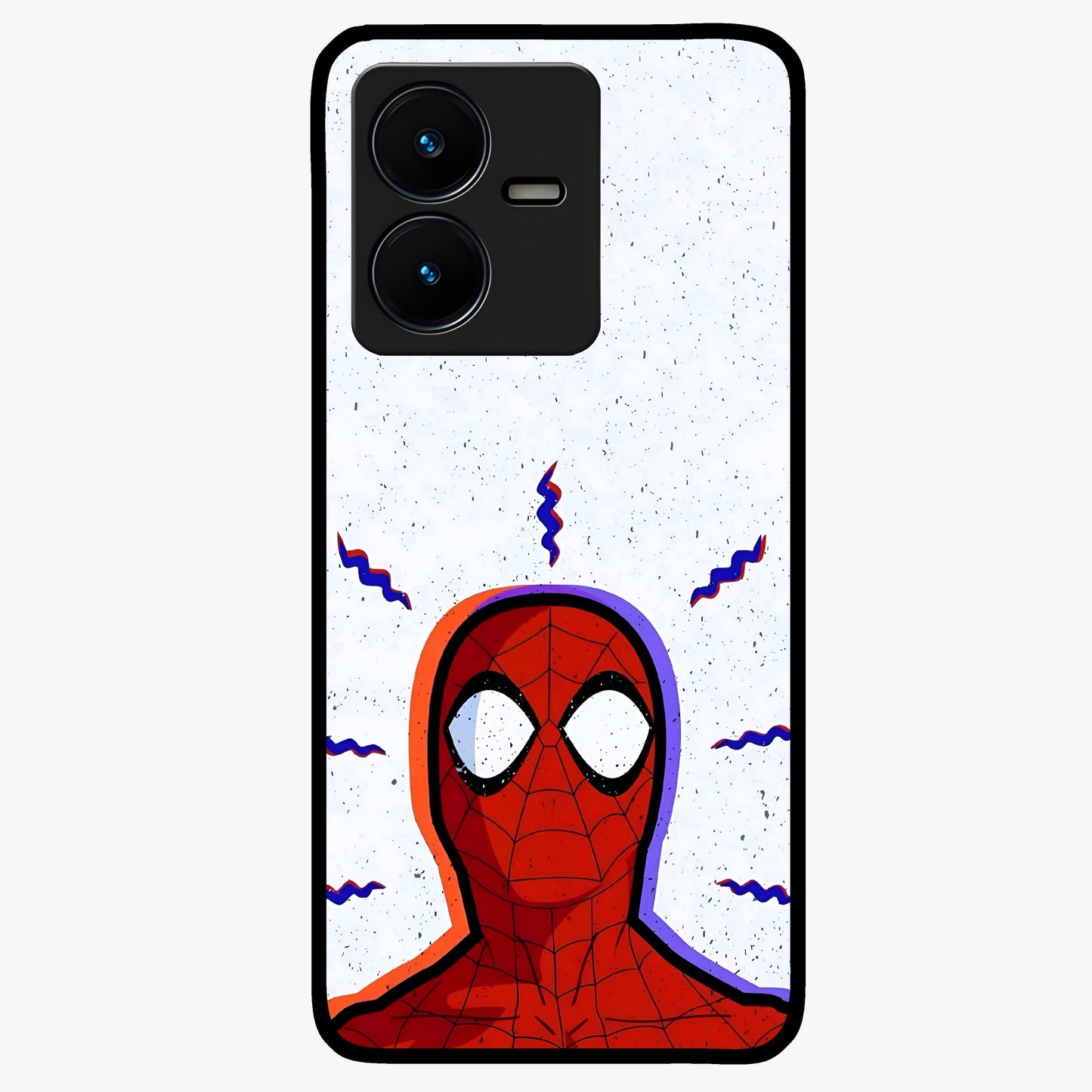 Omg Spiderman Glass Case showing flat back view with bold superhero inspired artwork and glossy glass finish.