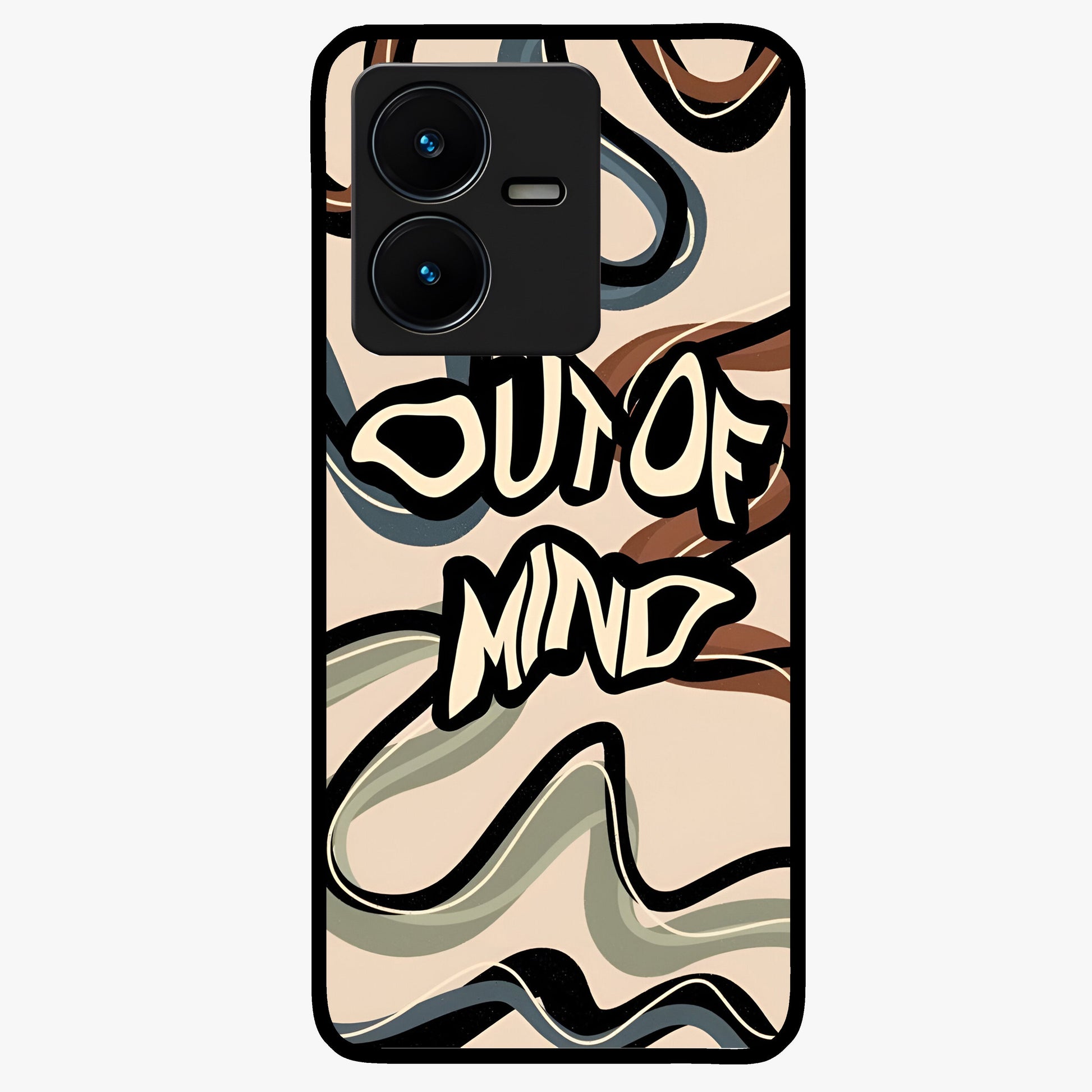 Out Of Mind Glass Case showing flat back view with expressive typography artwork and glossy glass finish.