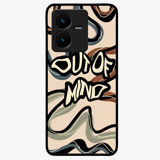 Out Of Mind Glass Case showing flat back view with expressive typography artwork and glossy glass finish.