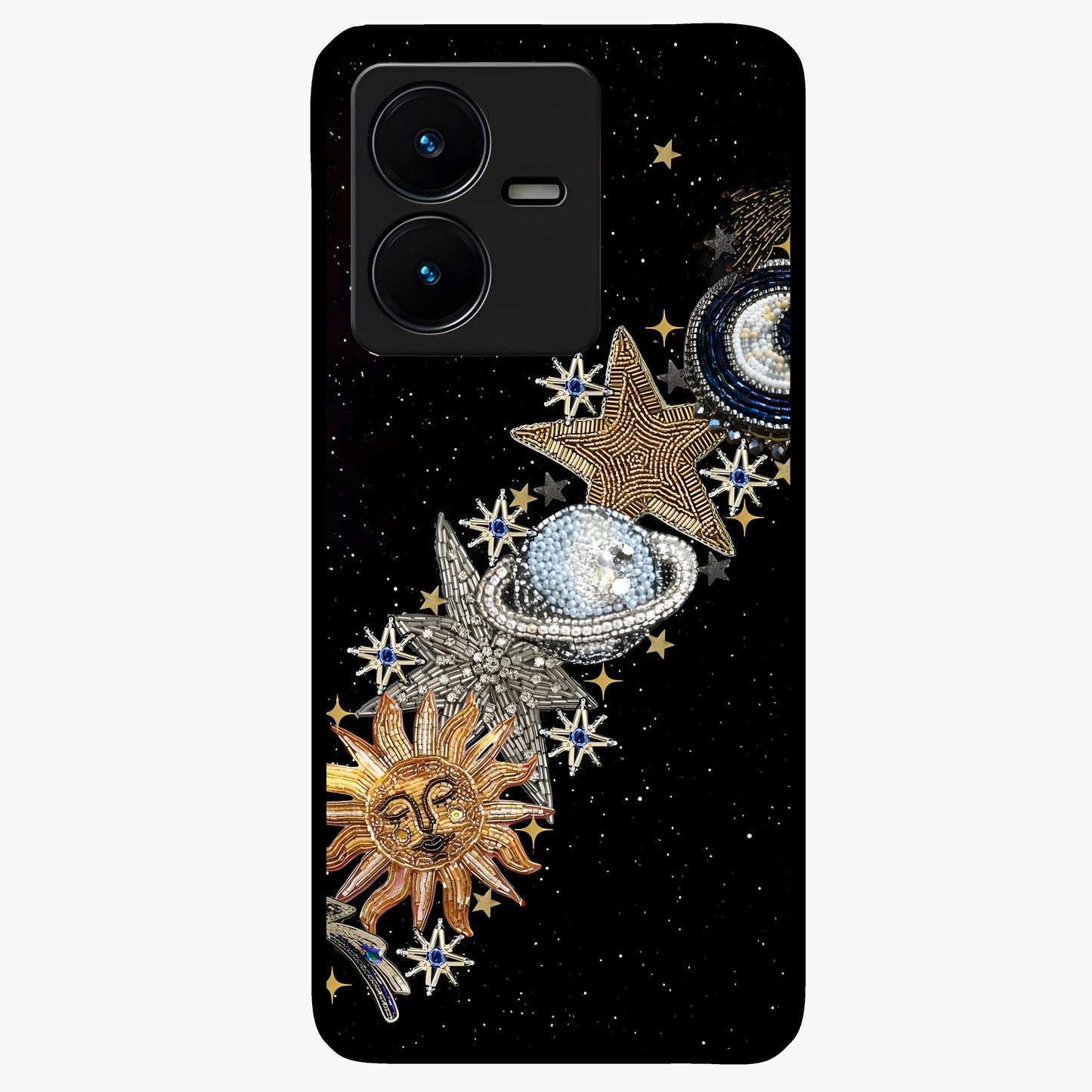 Pearls Universe Object Glass Case showing flat back view with pearl inspired cosmic artwork and glossy glass finish.