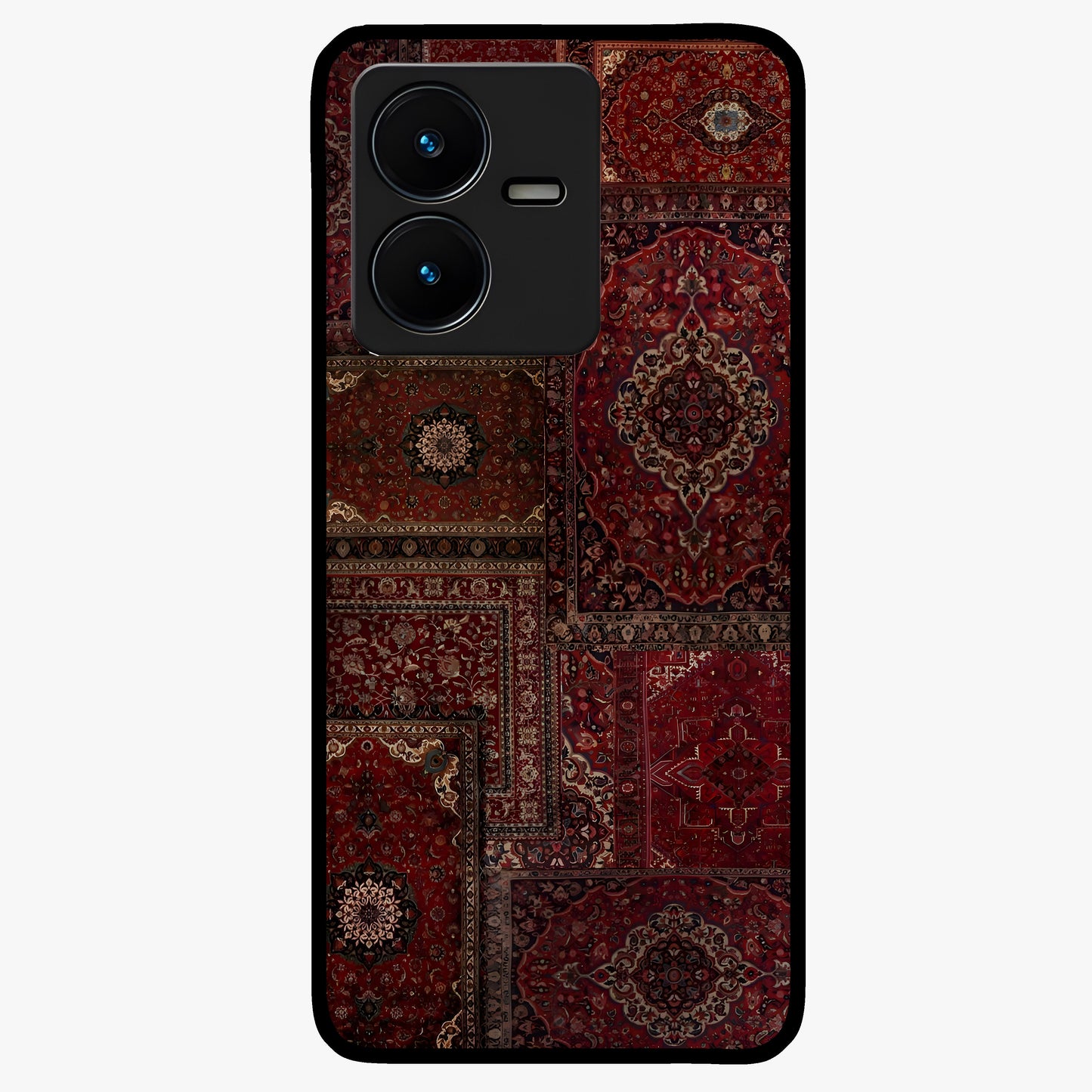 Persian Velvet Tale Glass Case showing flat back view with luxurious Persian velvet pattern artwork and glossy glass finish.