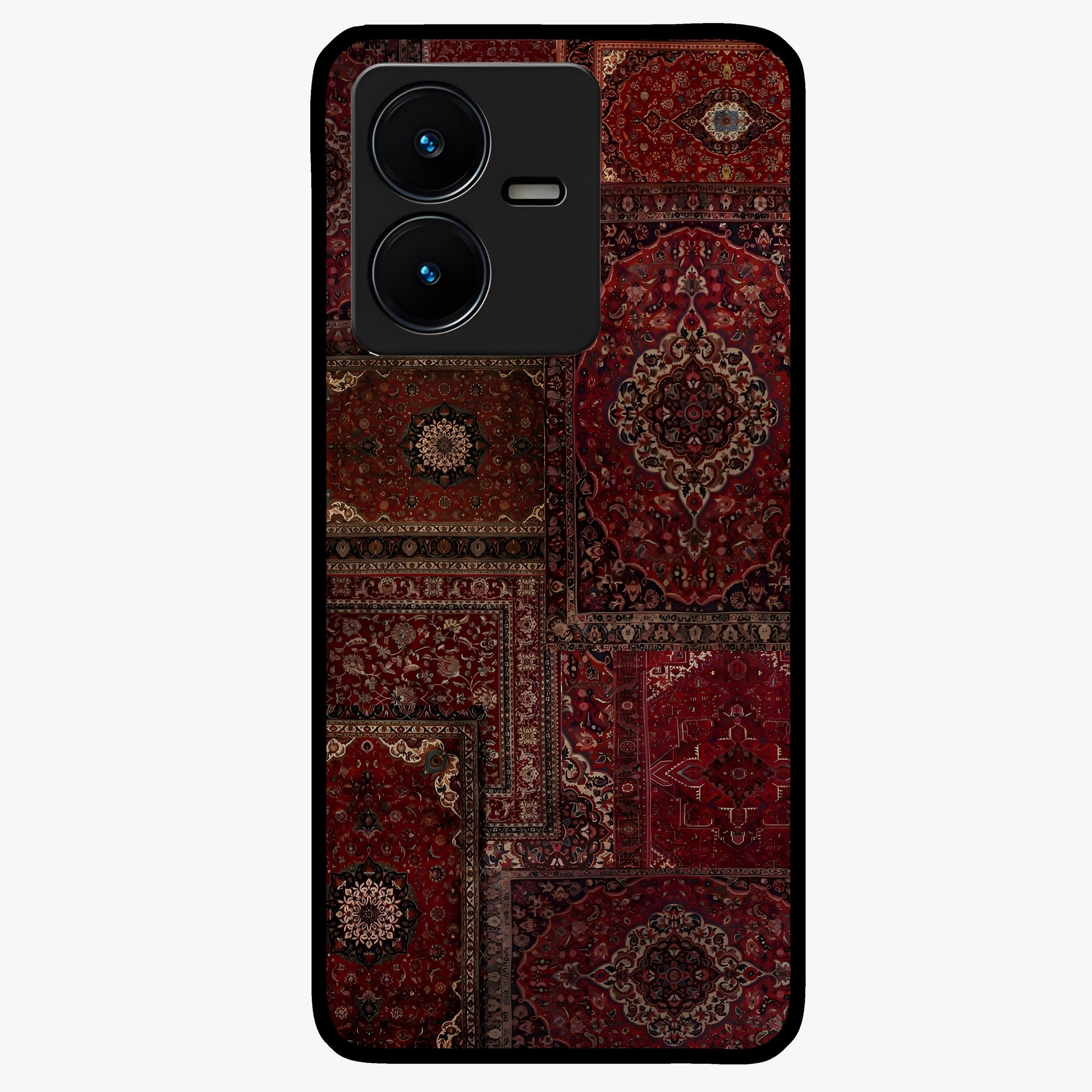 Persian Velvet Tale Glass Case showing flat back view with luxurious Persian velvet pattern artwork and glossy glass finish.