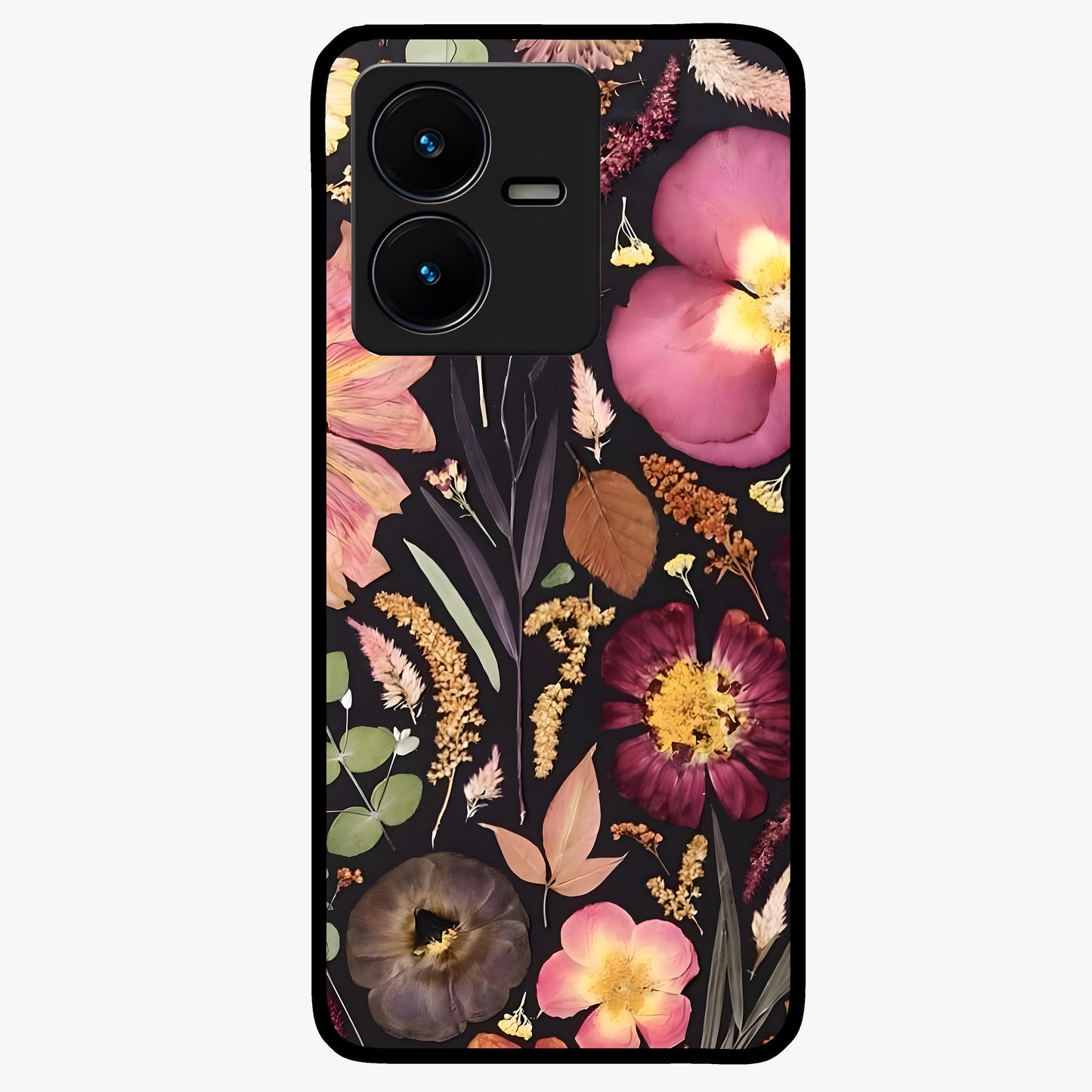 Petal Dream Tapestry Glass Case showing flat back view with intricate floral tapestry artwork and glossy glass finish.