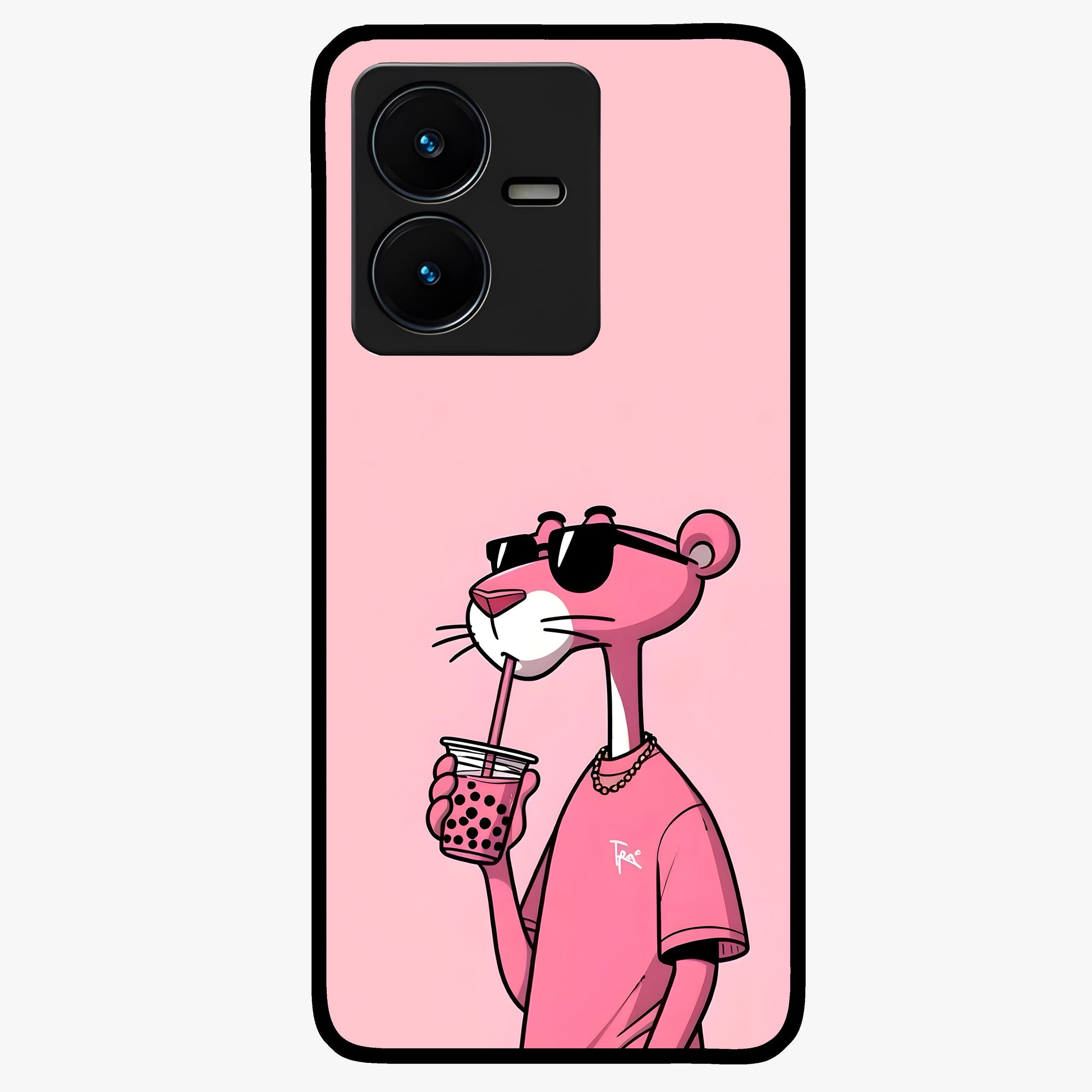 Pink Panther Glass Case showing flat back view with iconic pink panther artwork and glossy glass finish.