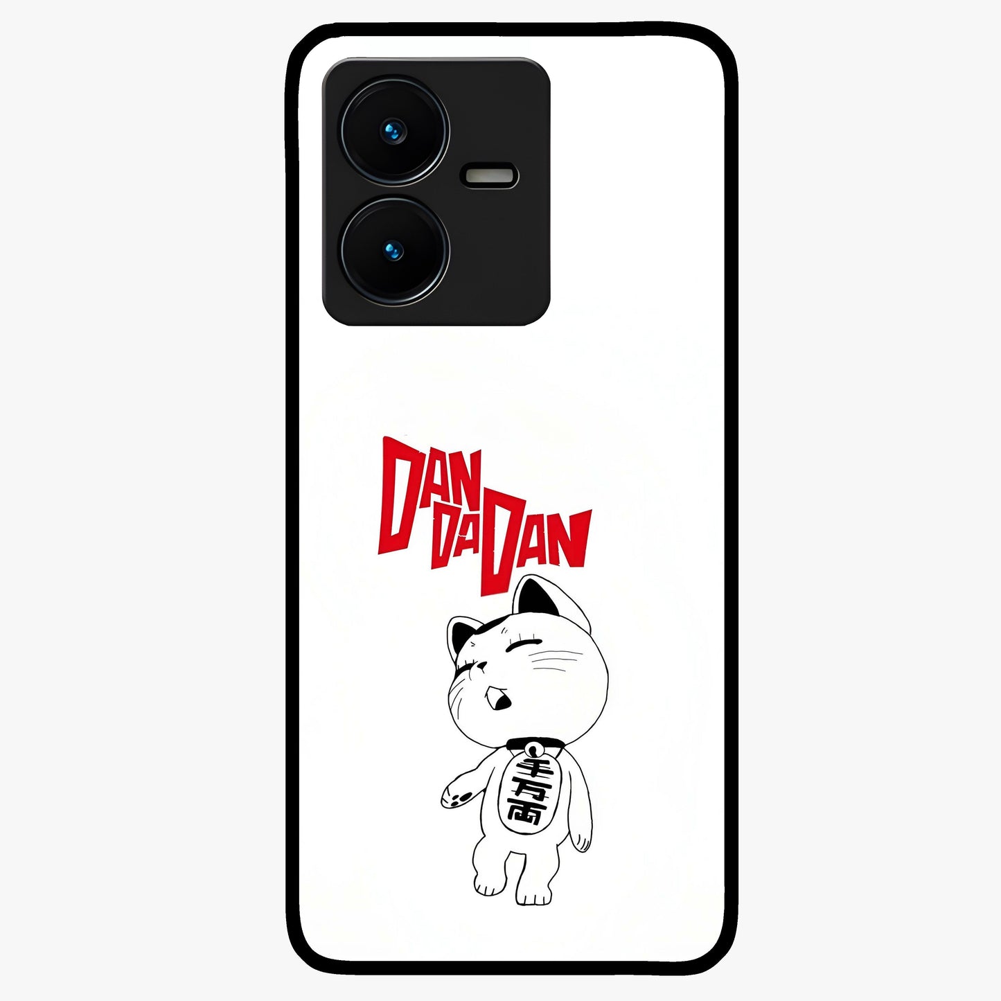 Playful Spirit Charm Glass Case showing flat back view with cheerful charm themed artwork and glossy glass finish.