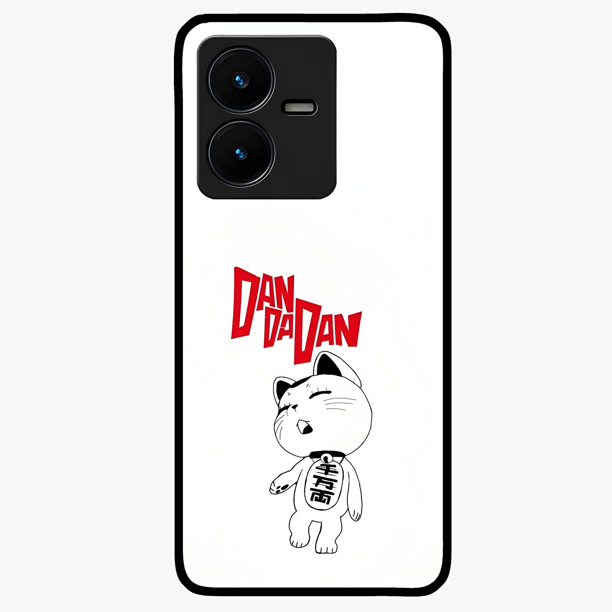 Playful Spirit Charm Glass Case showing flat back view with cheerful charm themed artwork and glossy glass finish.