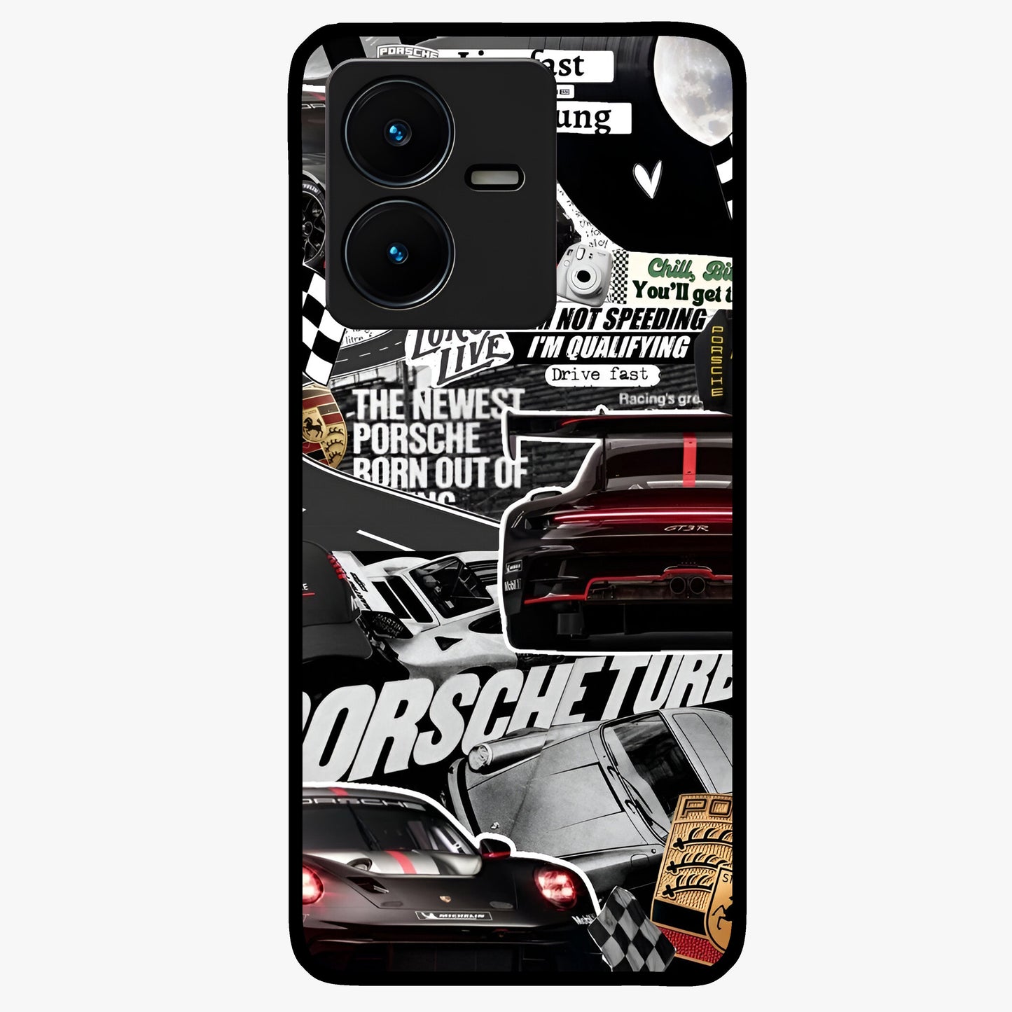 Porsche Racing Collage Glass Case showing flat back view with sports car racing collage artwork and glossy glass finish.