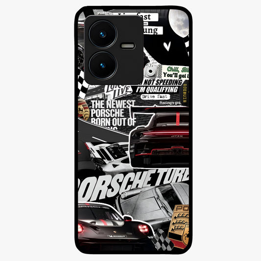 Porsche Racing Collage Glass Case showing flat back view with sports car racing collage artwork and glossy glass finish.