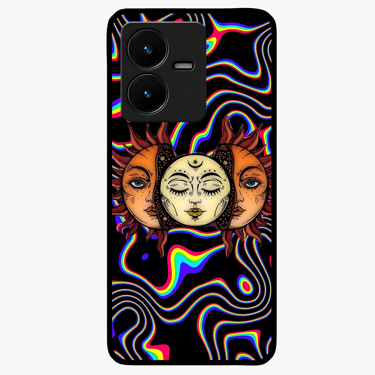 Psychedelic Sun Glass Case showing flat back view with colorful psychedelic sun artwork and glossy glass finish.