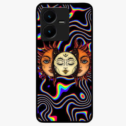 Psychedelic Sun Glass Case showing flat back view with colorful psychedelic sun artwork and glossy glass finish.