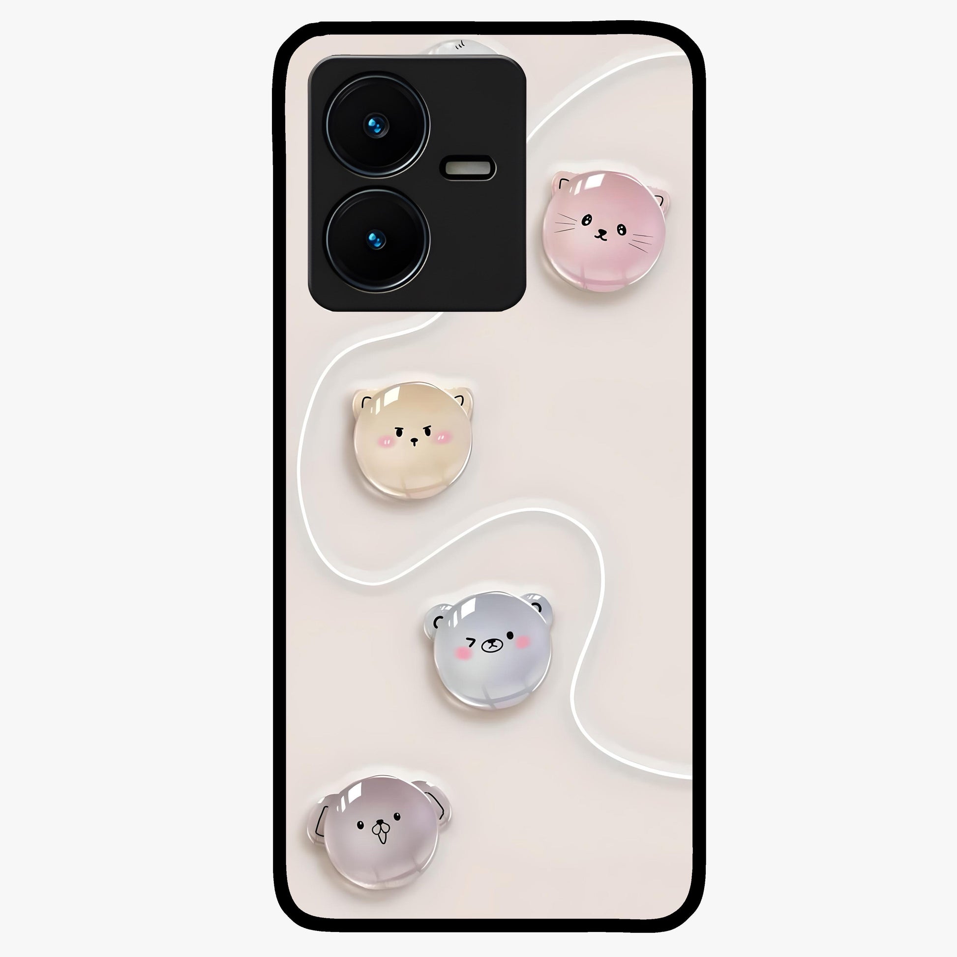 Puffy Face Parade Glass Case showing flat back view with cute puffy character faces artwork and glossy glass finish.