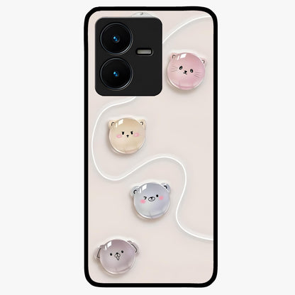 Puffy Face Parade Glass Case showing flat back view with cute puffy character faces artwork and glossy glass finish.