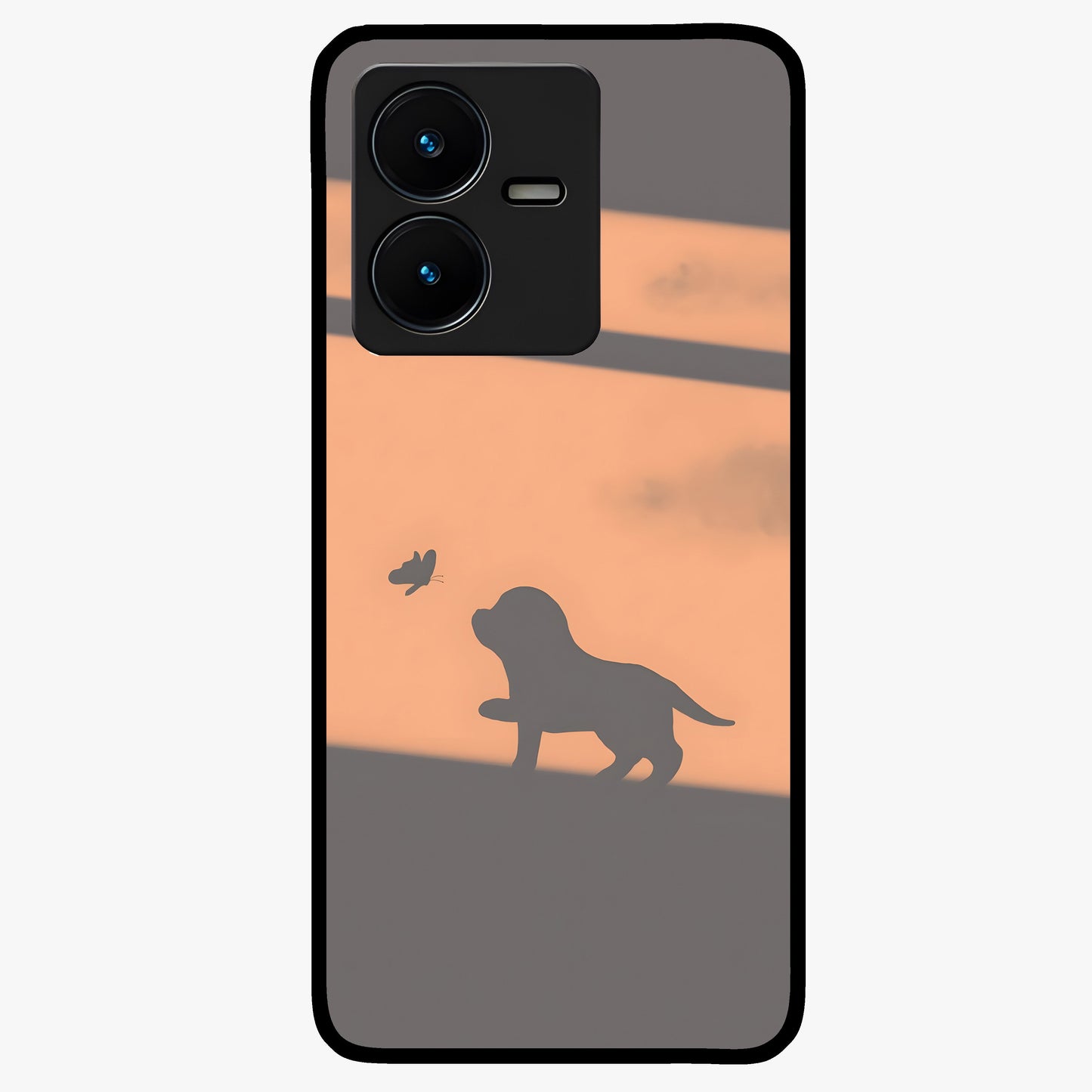 Puppy Shadow Art Glass Case showing flat back view with cute puppy shadow style artwork and glossy glass finish.