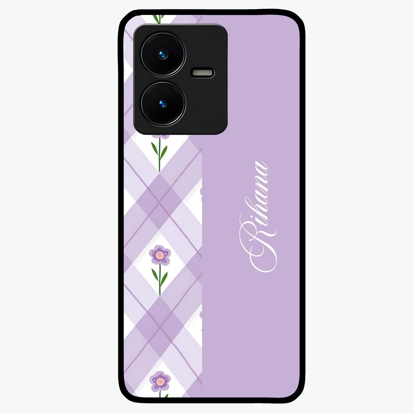 Purple Diamond Floral Glass Case showing flat back view with diamond shaped floral artwork and glossy glass finish.