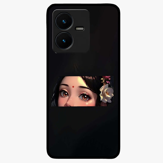 Radha Divine Embrace Glass Case showing flat back view with devotional Radha artwork and glossy glass finish.