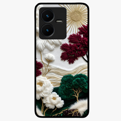 Radiant Bloom Elegance Glass Case showing flat back view with elegant blooming flower artwork and glossy glass finish.