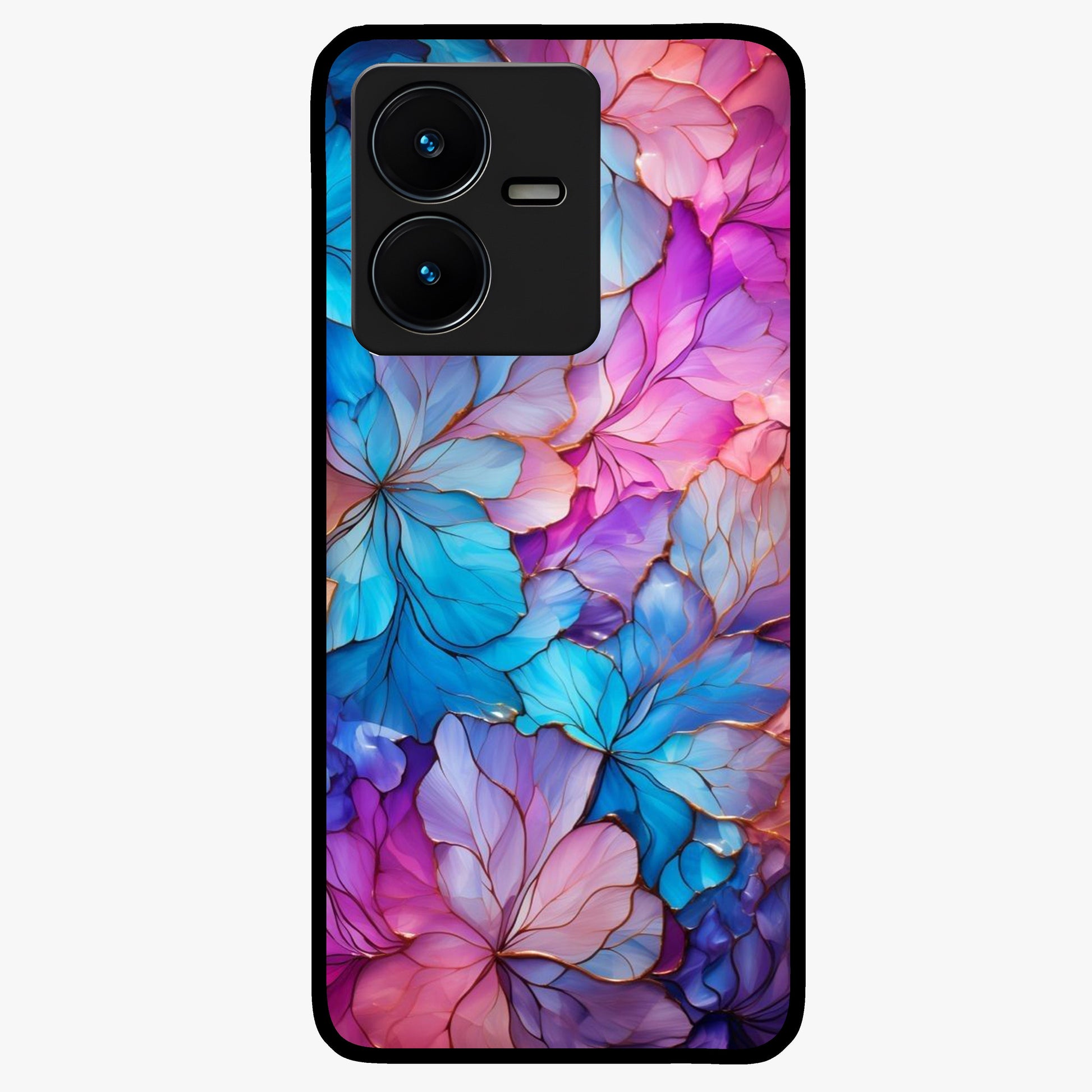 Radiant Floral Whirl Glass Case showing flat back view with swirling floral artwork and glossy glass finish.