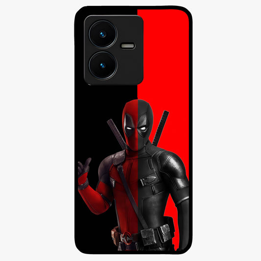 Red & Black Deadpool Theme Glass Case showing flat back view with bold comic inspired artwork and glossy glass finish.