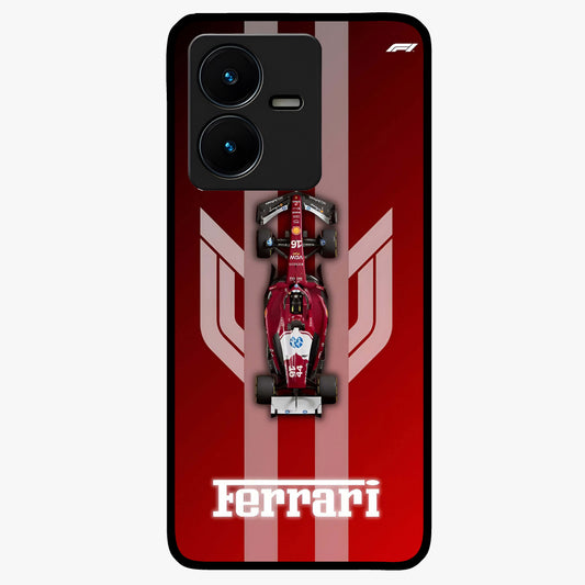 Red Ferrari F1 Vertical Glass Case showing flat back view with sleek Formula racing car artwork and glossy glass finish.
