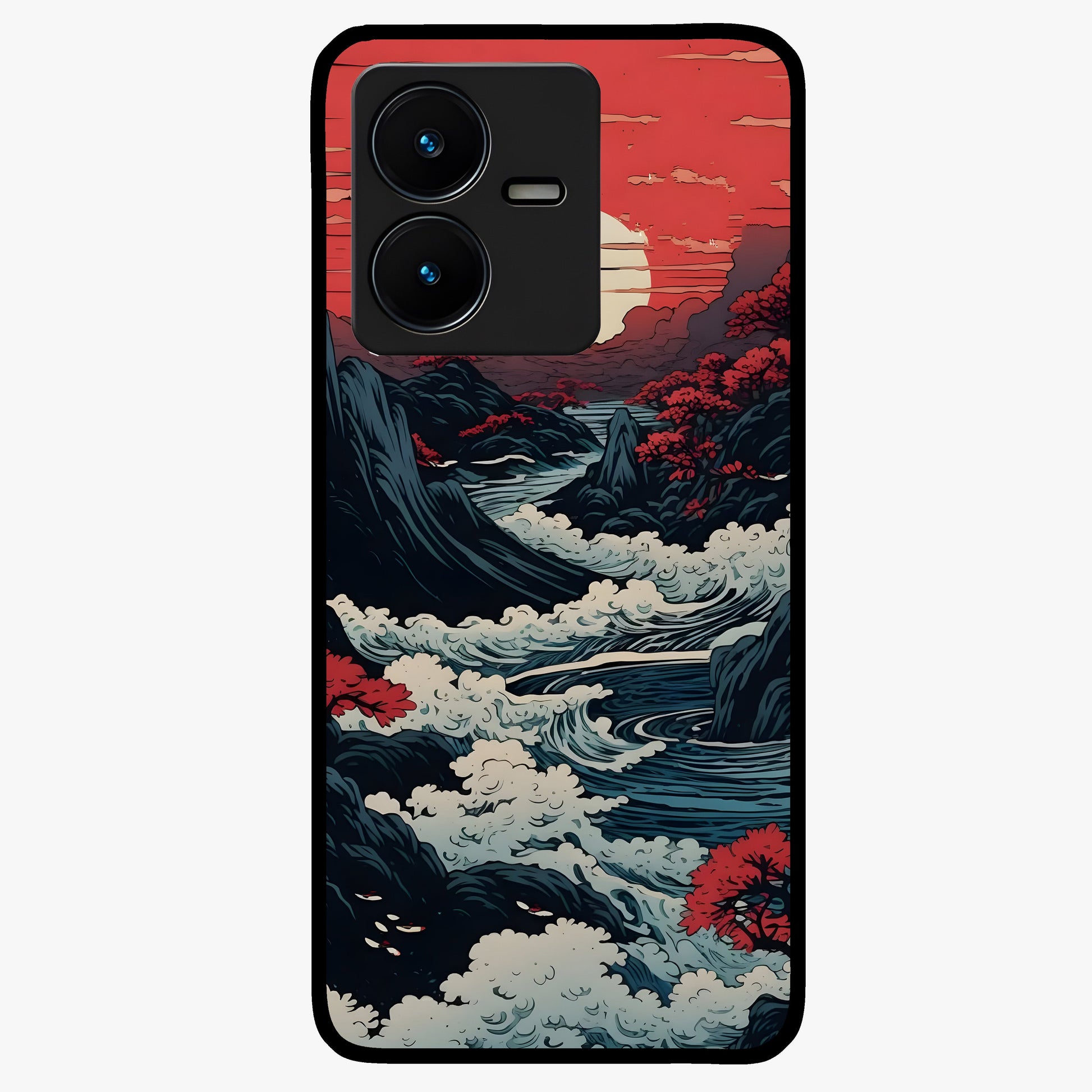 Red Sunset Scenery Glass Case showing flat back view with vibrant sunset landscape artwork and glossy glass finish.