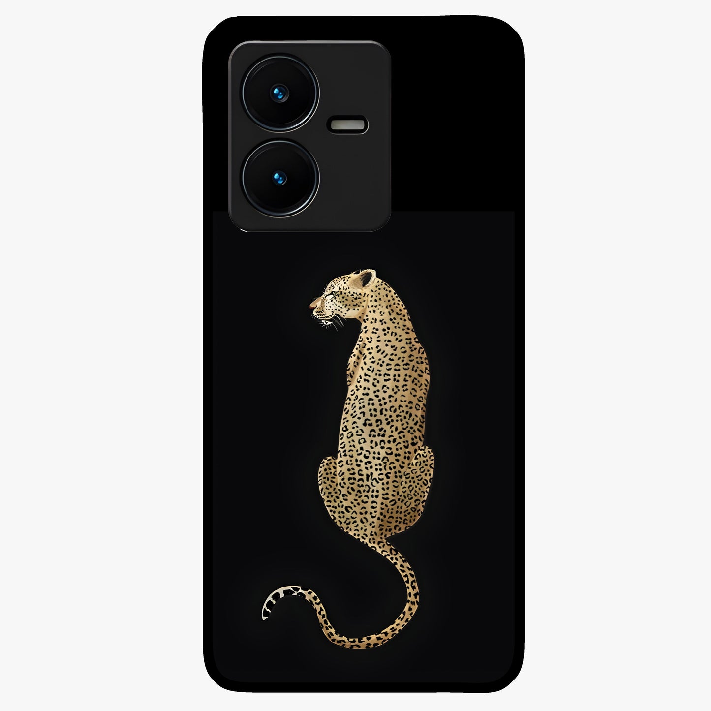 Regal Leopard Glass Case showing flat back view with bold leopard artwork and glossy glass finish.