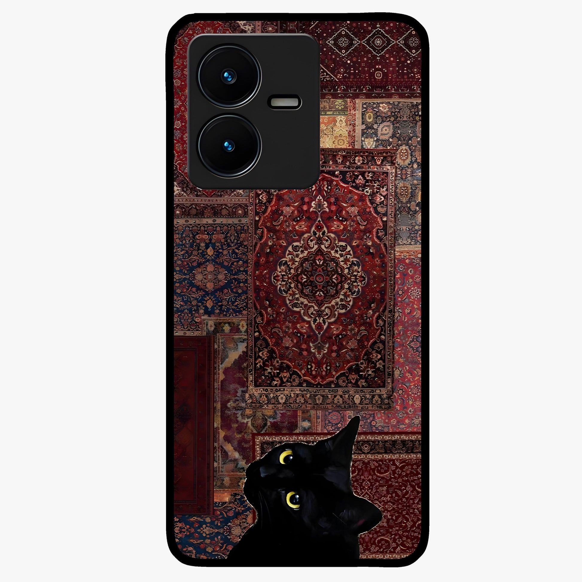 Regal Magic Cat Apple Glass Case showing flat back view with magical cat artwork holding apple and glossy glass finish.