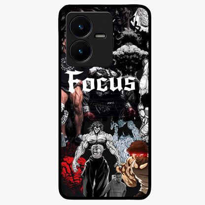 Relentless Power Focus Glass Case showing flat back view with motivational typography artwork and glossy glass finish.