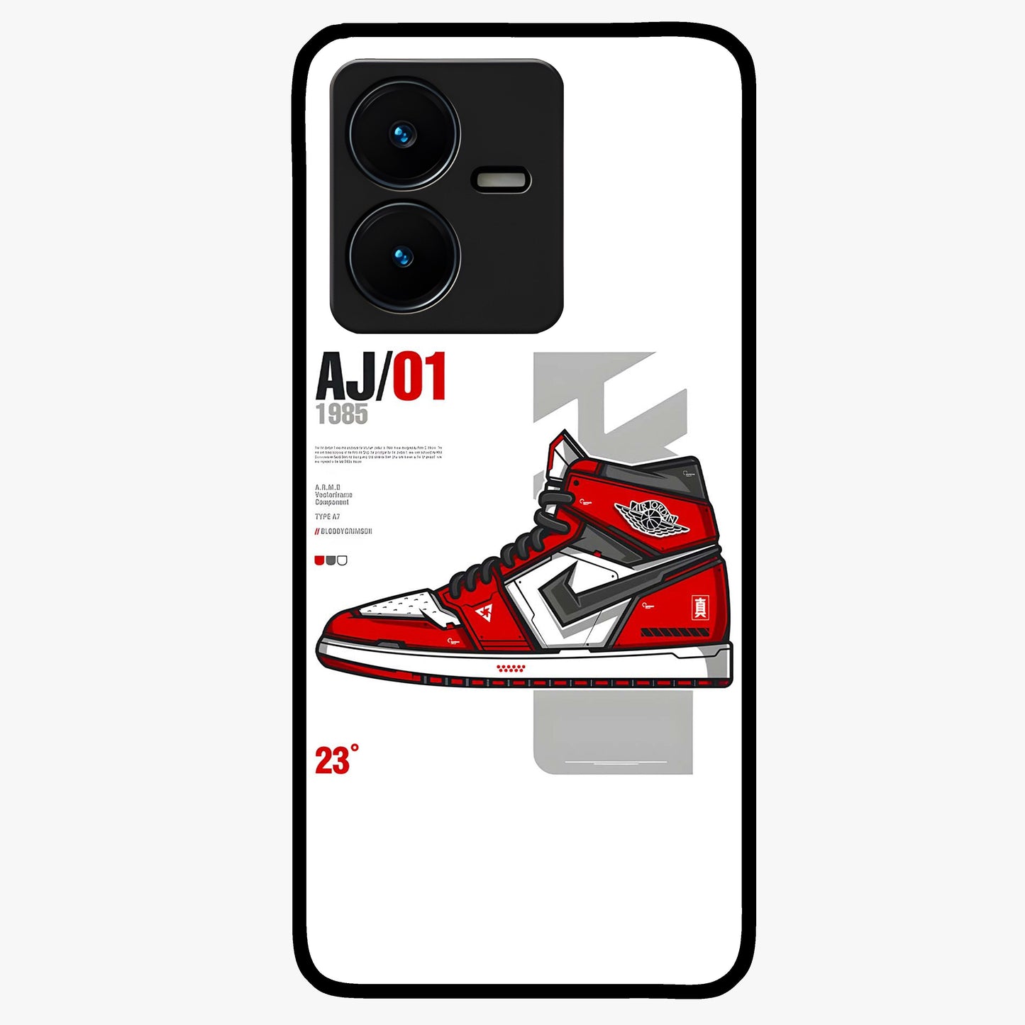 Retro Sneaker Blueprint Glass Case showing flat back view with sneaker blueprint style artwork and glossy glass finish.