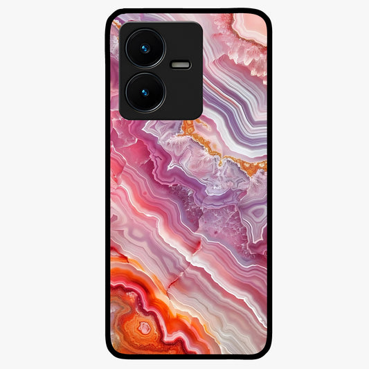 Rose Quartz Marble Glass Case showing flat back view with pink marble quartz texture artwork and glossy glass finish.