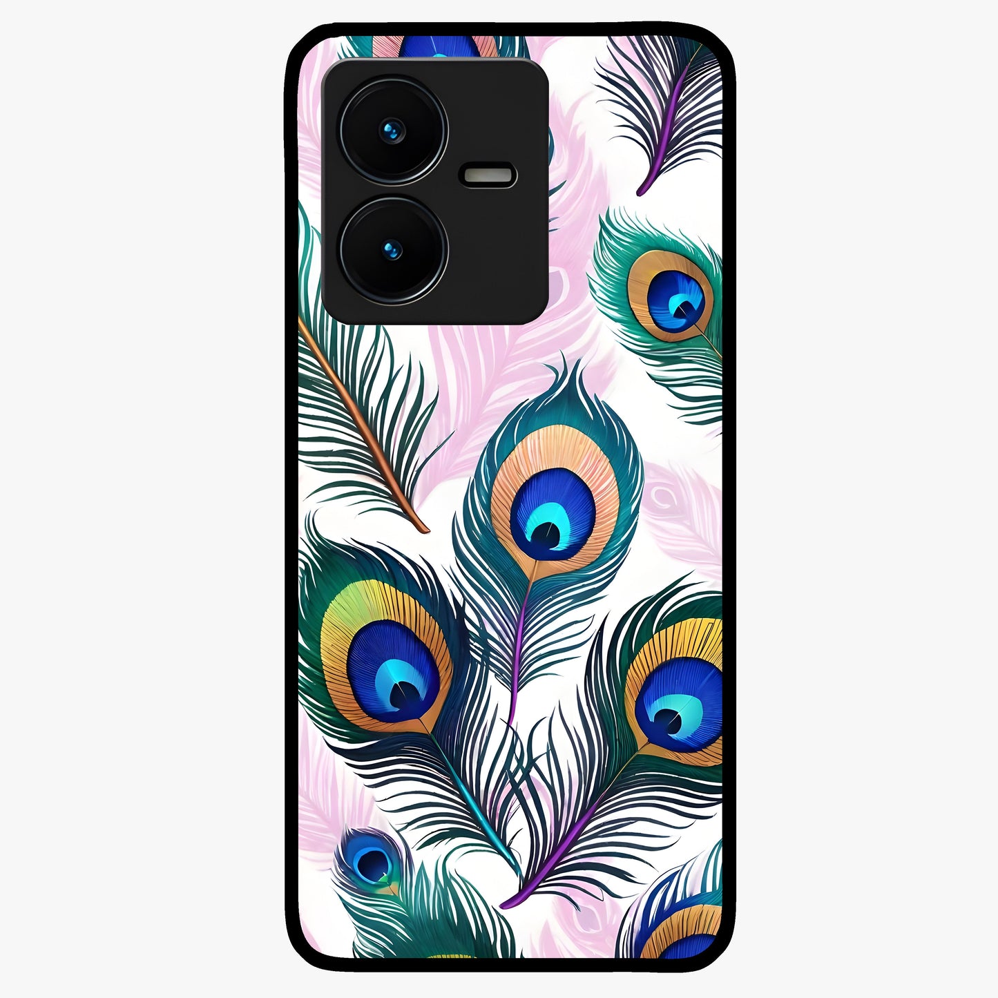 Royal Peacock Feathers Glass Case showing flat back view with colorful peacock feather artwork and glossy glass finish.