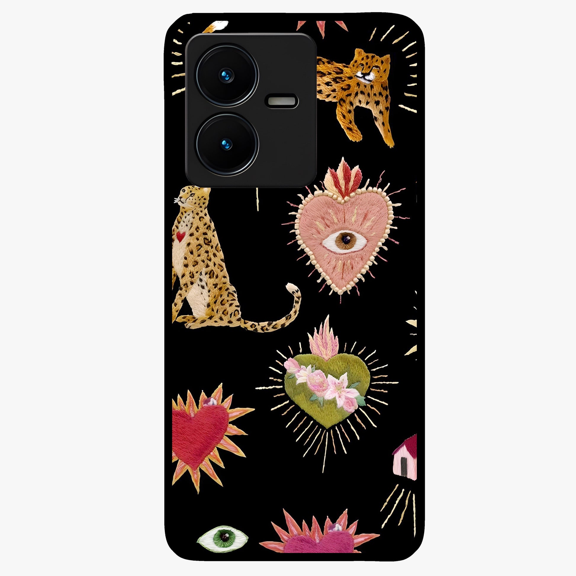 Sacred Jungle Heart Glass Case showing flat back view with jungle inspired heart artwork and glossy glass finish.