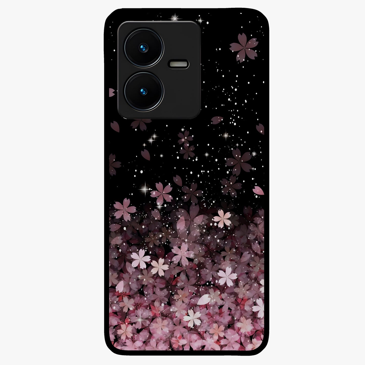 Small Starry Flowers Glass Case showing flat back view with delicate starry floral artwork and glossy glass finish.