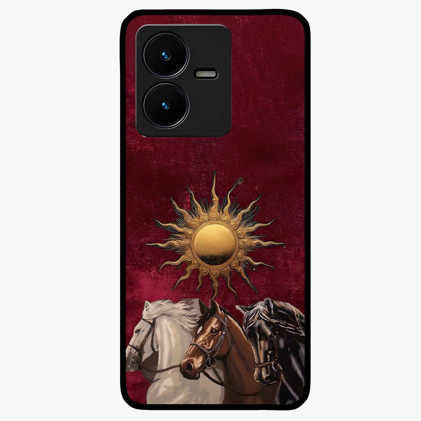 Solar Riders Glass Case showing flat back view with dynamic rider themed artwork and glossy glass finish.