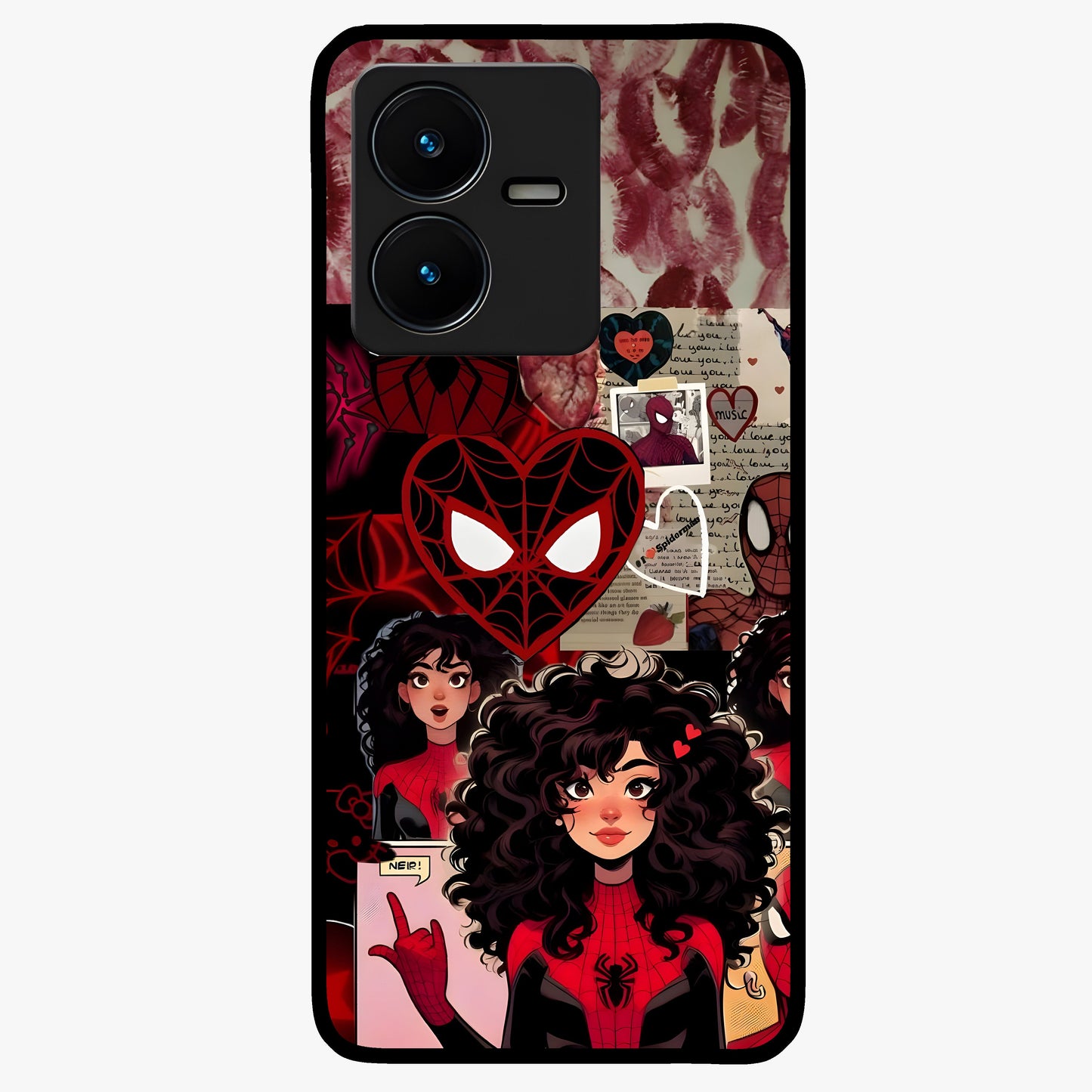 Spider Love Story Glass Case showing flat back view with romantic superhero themed artwork and glossy glass finish.