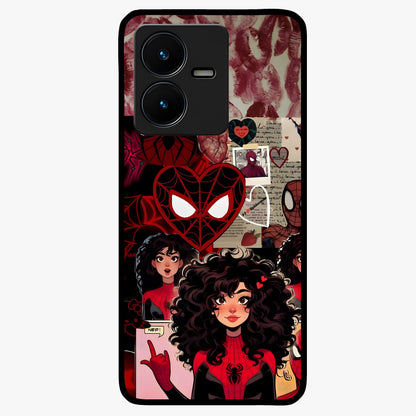 Spider Love Story Glass Case showing flat back view with romantic superhero themed artwork and glossy glass finish.