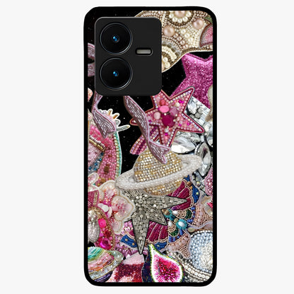 Starlit Jewel Dream Glass Case showing flat back view with sparkling jewel and star themed artwork and glossy glass finish.
