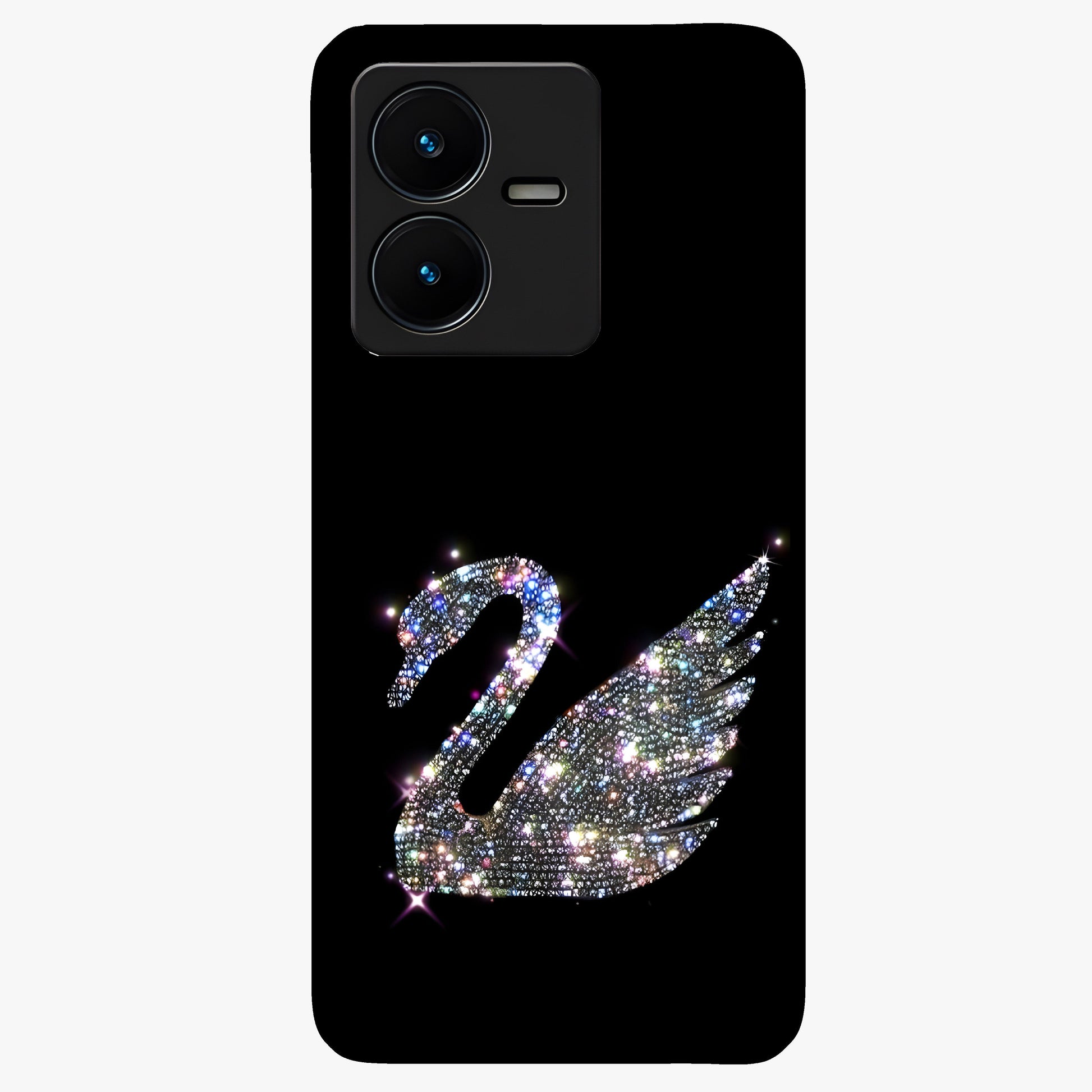 Starlit Swan Grace Glass Case showing flat back view with graceful swan artwork under starry sky and glossy glass finish.