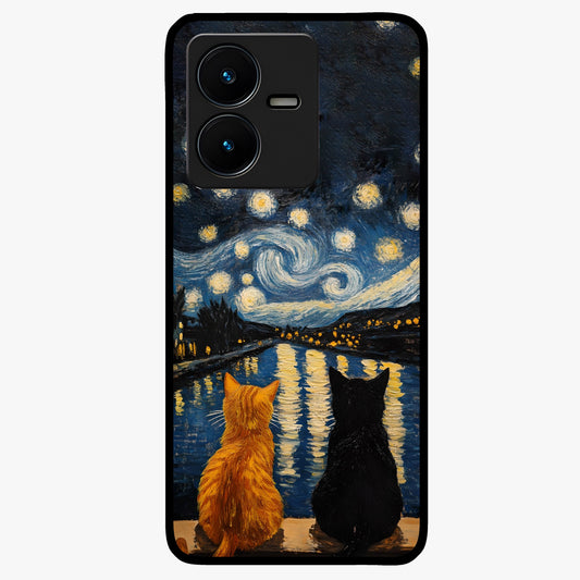 Starry River Cats Glass Case showing flat back view with cats by a starry river artwork and glossy glass finish.
