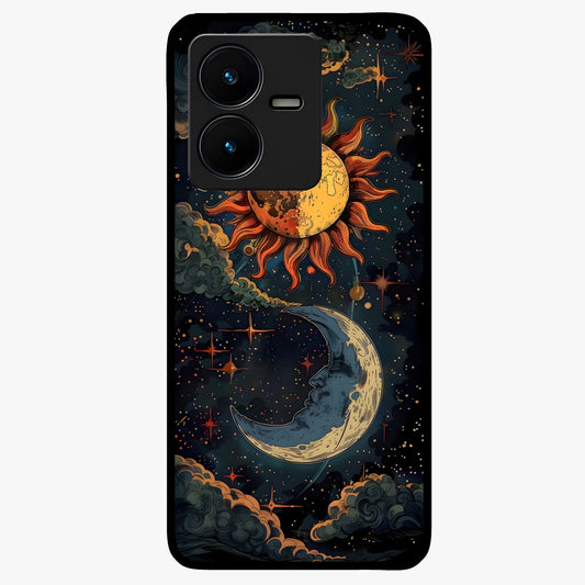 Sun And Moon Magic Design Glass Case showing flat back view with mystical sun and moon artwork and glossy glass finish.