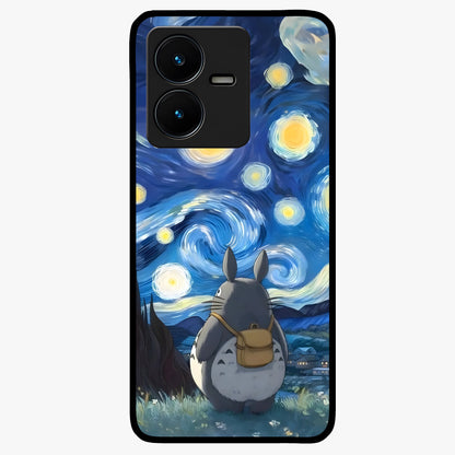 Totoro In Van Gogh Art Glass Case showing flat back view with whimsical character artwork inspired by Van Gogh style and glossy glass finish.