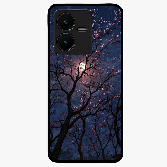 Twilight Sakura Serenade Glass Case showing flat back view with cherry blossom artwork at twilight and glossy glass finish.