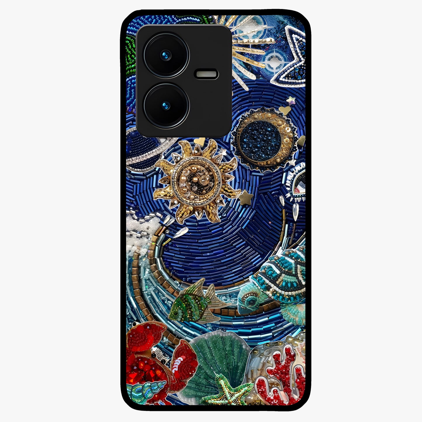 Universe Underwater Spark Glass Case showing flat back view with cosmic underwater themed artwork and glossy glass finish.