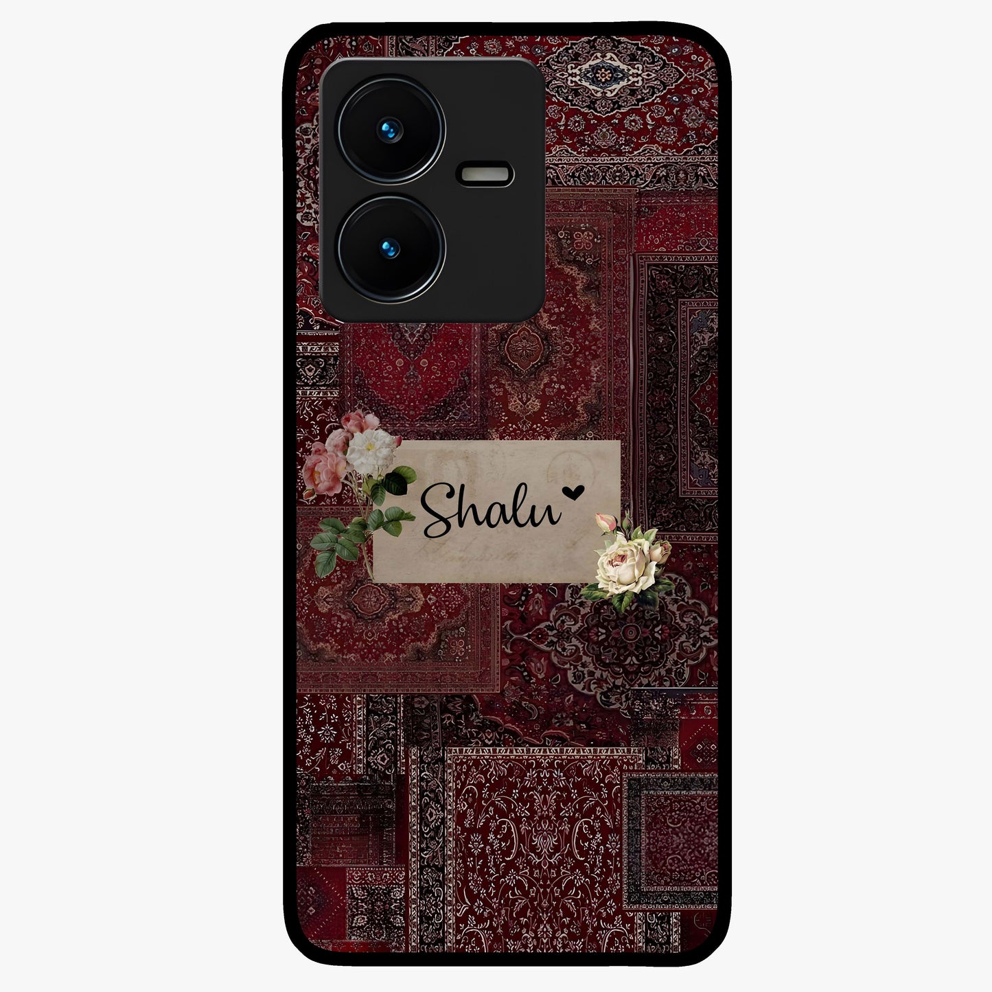 Velvet Wine Pattern Custom Name Glass Case showing flat back view with elegant wine colored pattern artwork and personalized name design.