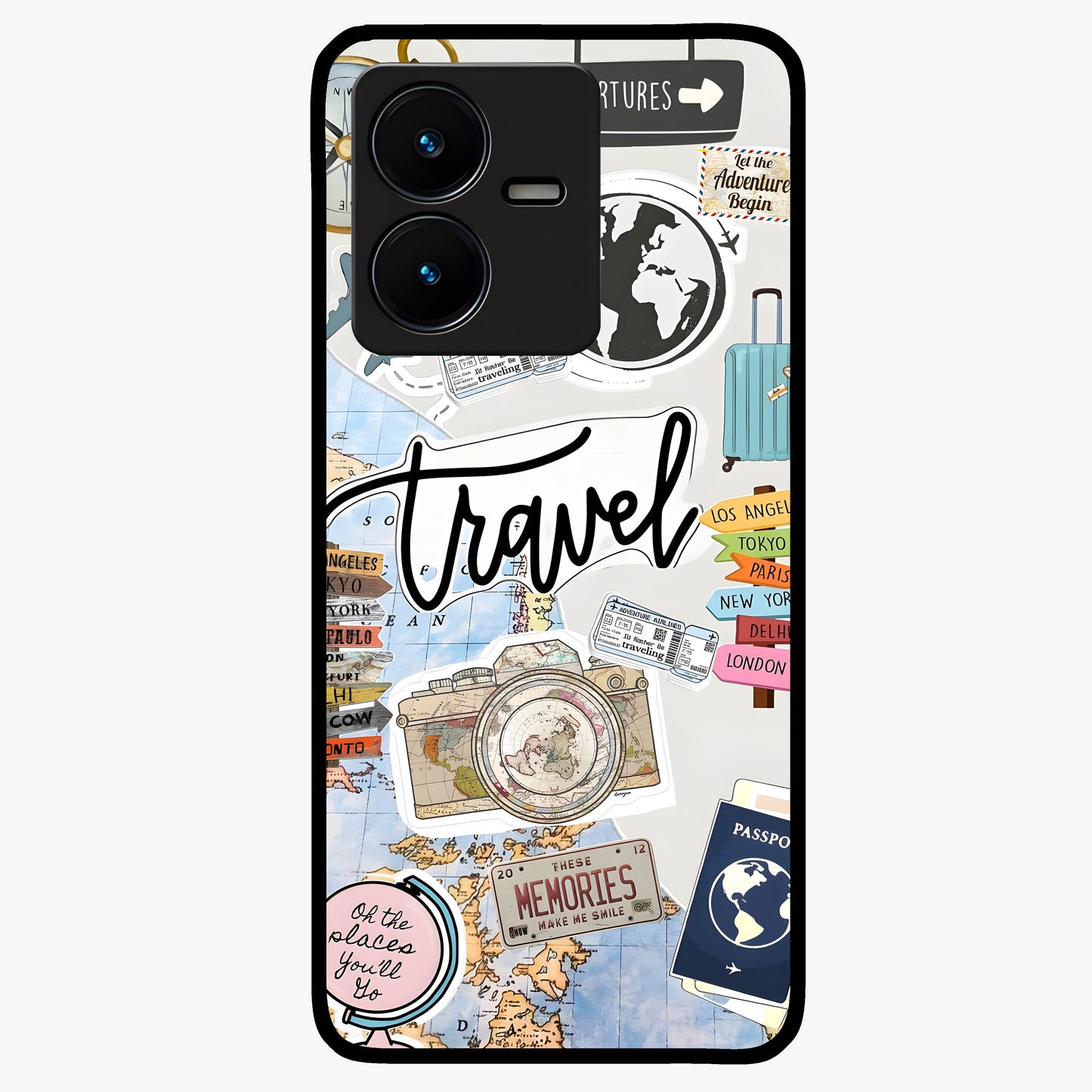 Wanderlust Journal Glass Case showing flat back view with travel inspired artwork and glossy glass finish.