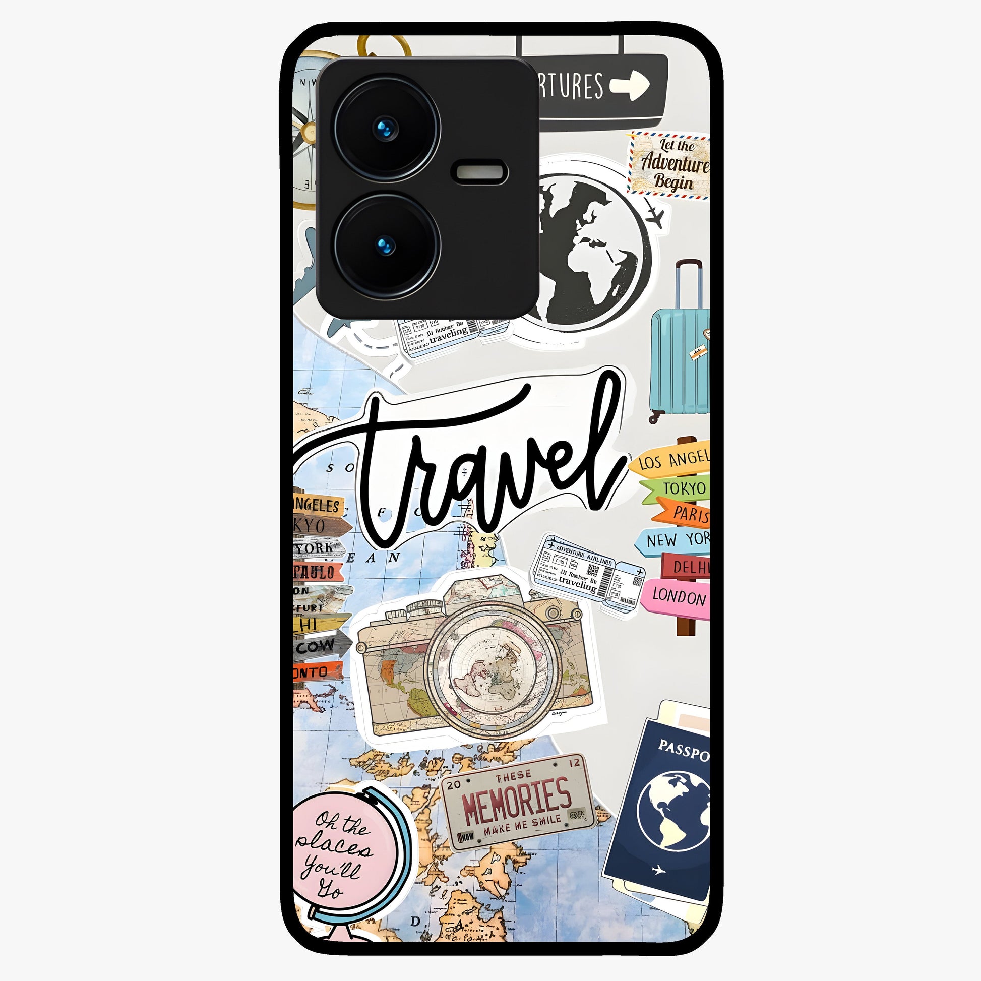 Wanderlust Journal Glass Case showing flat back view with travel inspired artwork and glossy glass finish.