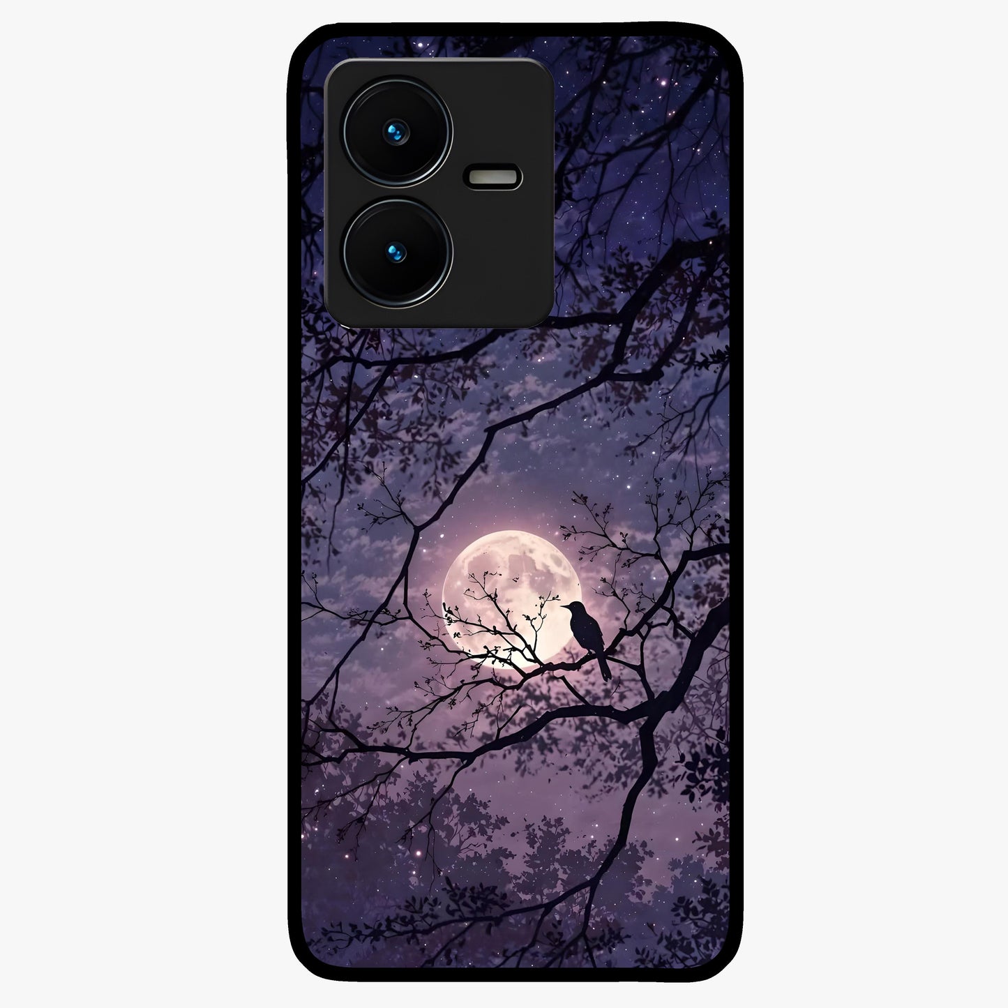 Whispering Moon Silence Glass Case showing flat back view with serene moon themed artwork and glossy glass finish.