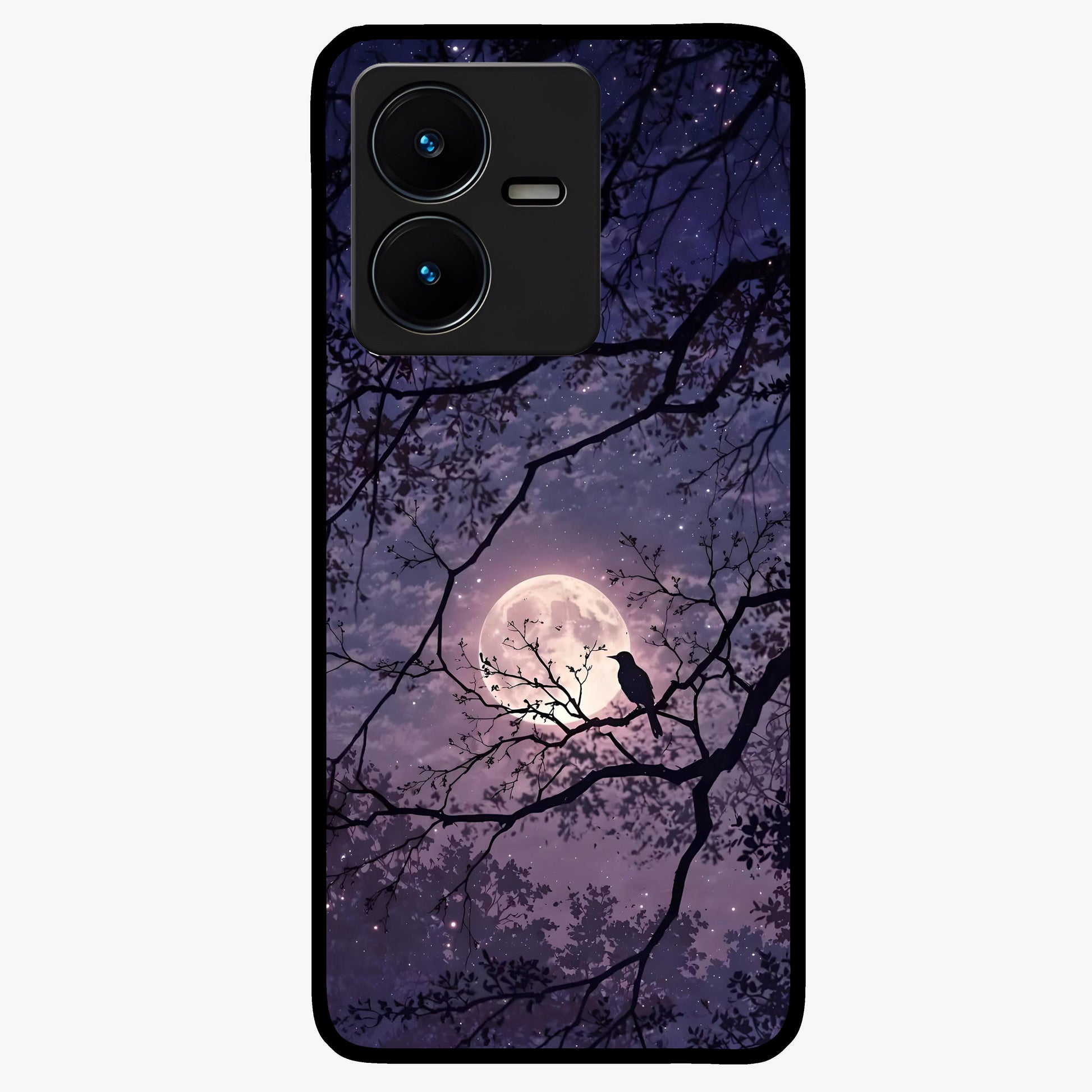 Whispering Moon Silence Glass Case showing flat back view with serene moon themed artwork and glossy glass finish.