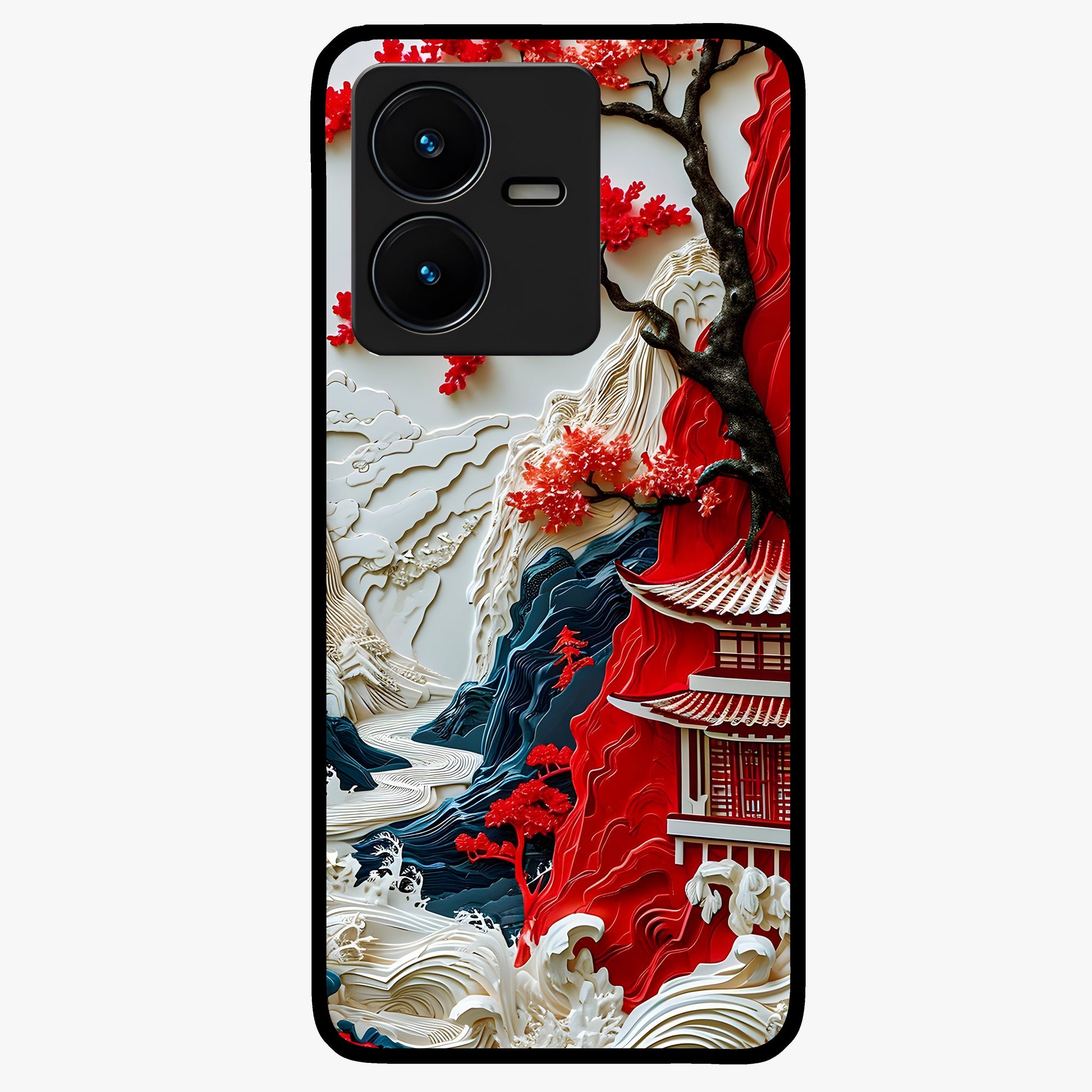 Whispers Of Sakura Waves Glass Case showing flat back view with cherry blossom wave artwork and glossy glass finish.