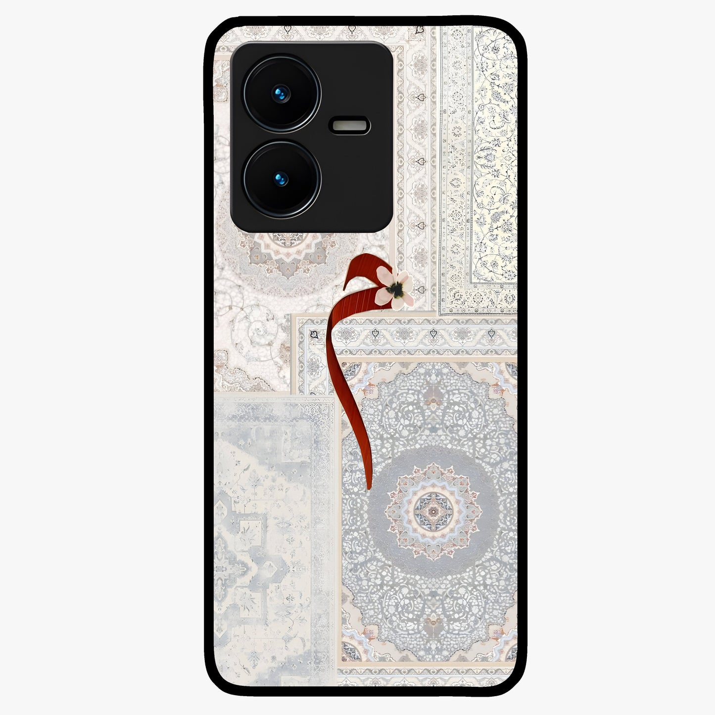 White Aesthetic Bow Glass Case showing flat back view with minimal bow artwork and glossy glass finish.