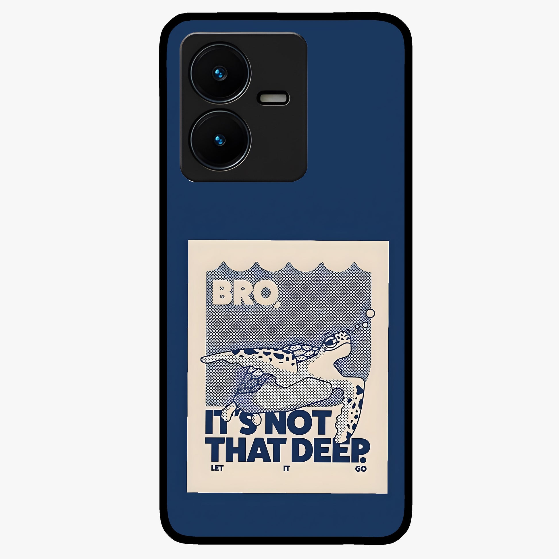 Worry Less Swim Glass Case showing flat back view with playful motivational artwork and glossy glass finish.